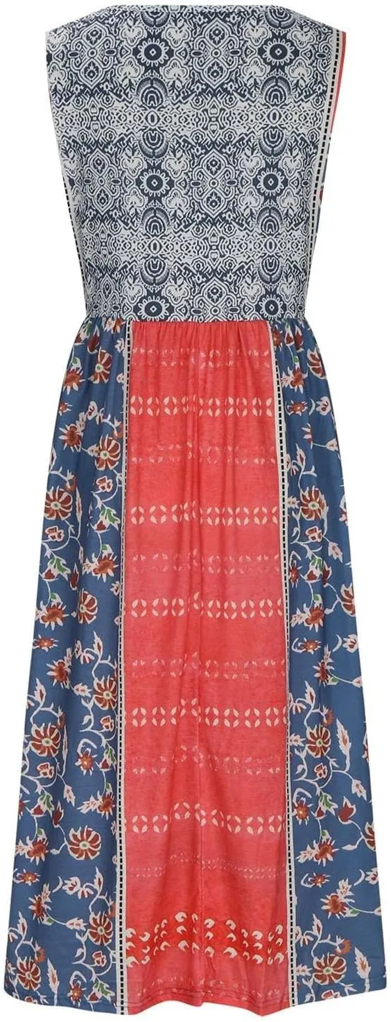 Women's Boho Floral Maxi Dress Summer Casual Crew Neck Sleeveless Dresses Flowy Bohemian Beach Sundress with Pockets