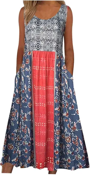 Women's Boho Floral Maxi Dress Summer Casual Crew Neck Sleeveless Dresses Flowy Bohemian Beach Sundress with Pockets