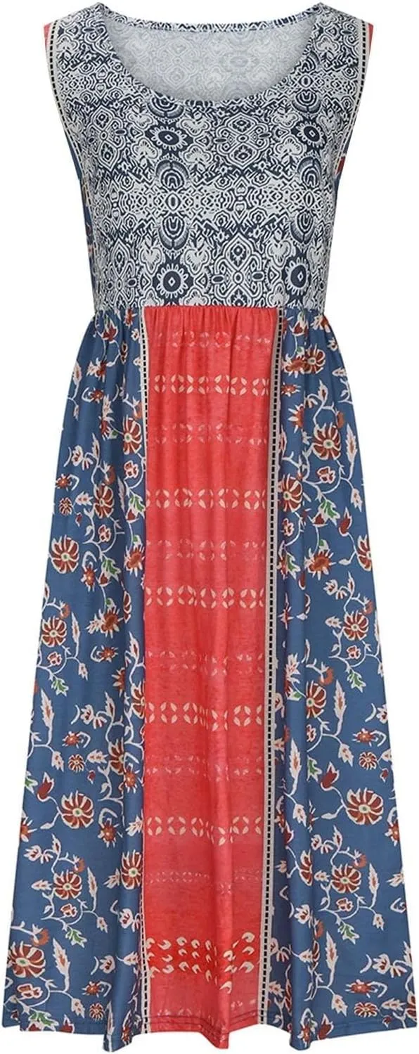 Women's Boho Floral Maxi Dress Summer Casual Crew Neck Sleeveless Dresses Flowy Bohemian Beach Sundress with Pockets