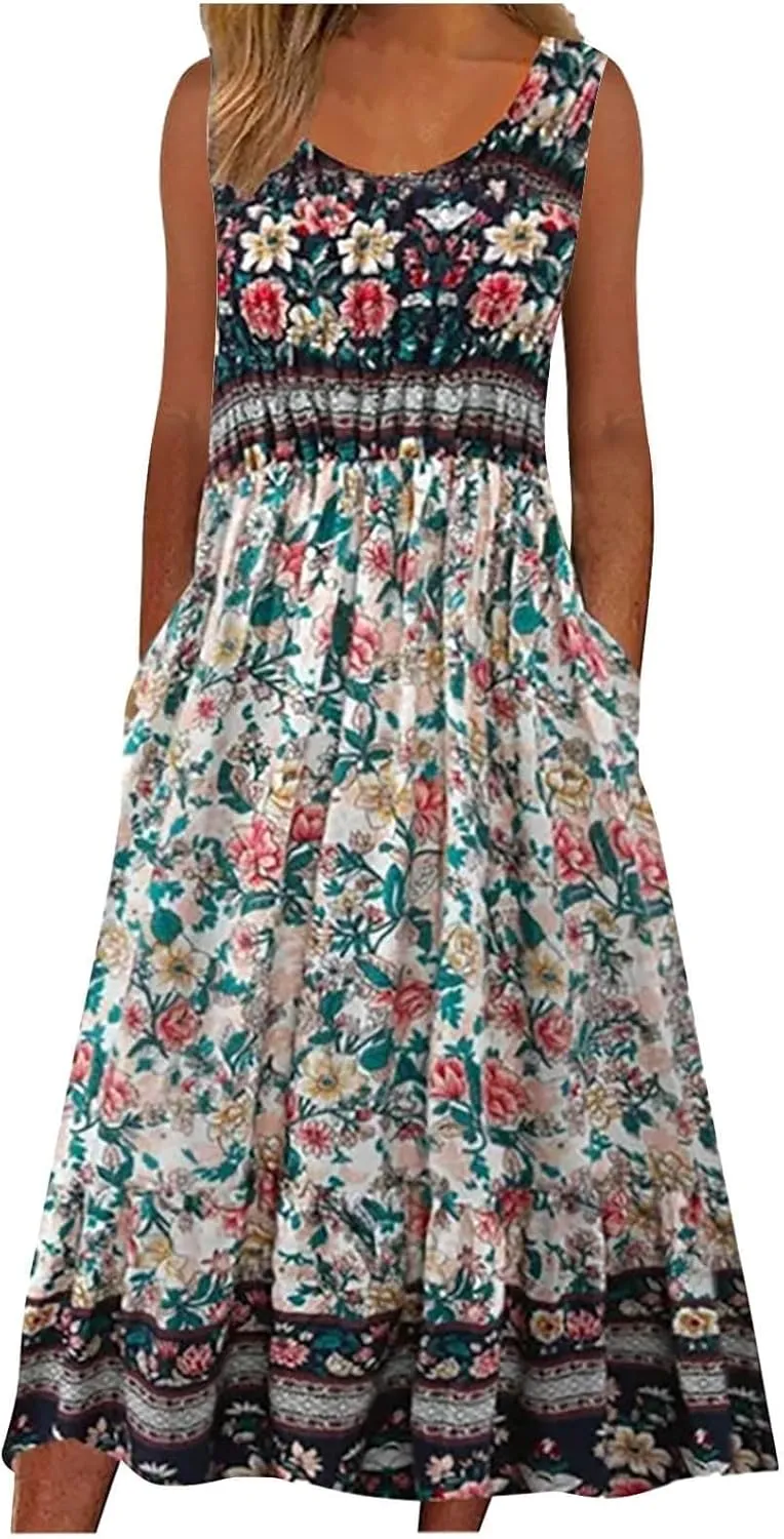Women's Boho Floral Maxi Dress Summer Casual Crew Neck Sleeveless Dresses Flowy Bohemian Beach Sundress with Pockets