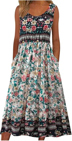 Women's Boho Floral Maxi Dress Summer Casual Crew Neck Sleeveless Dresses Flowy Bohemian Beach Sundress with Pockets