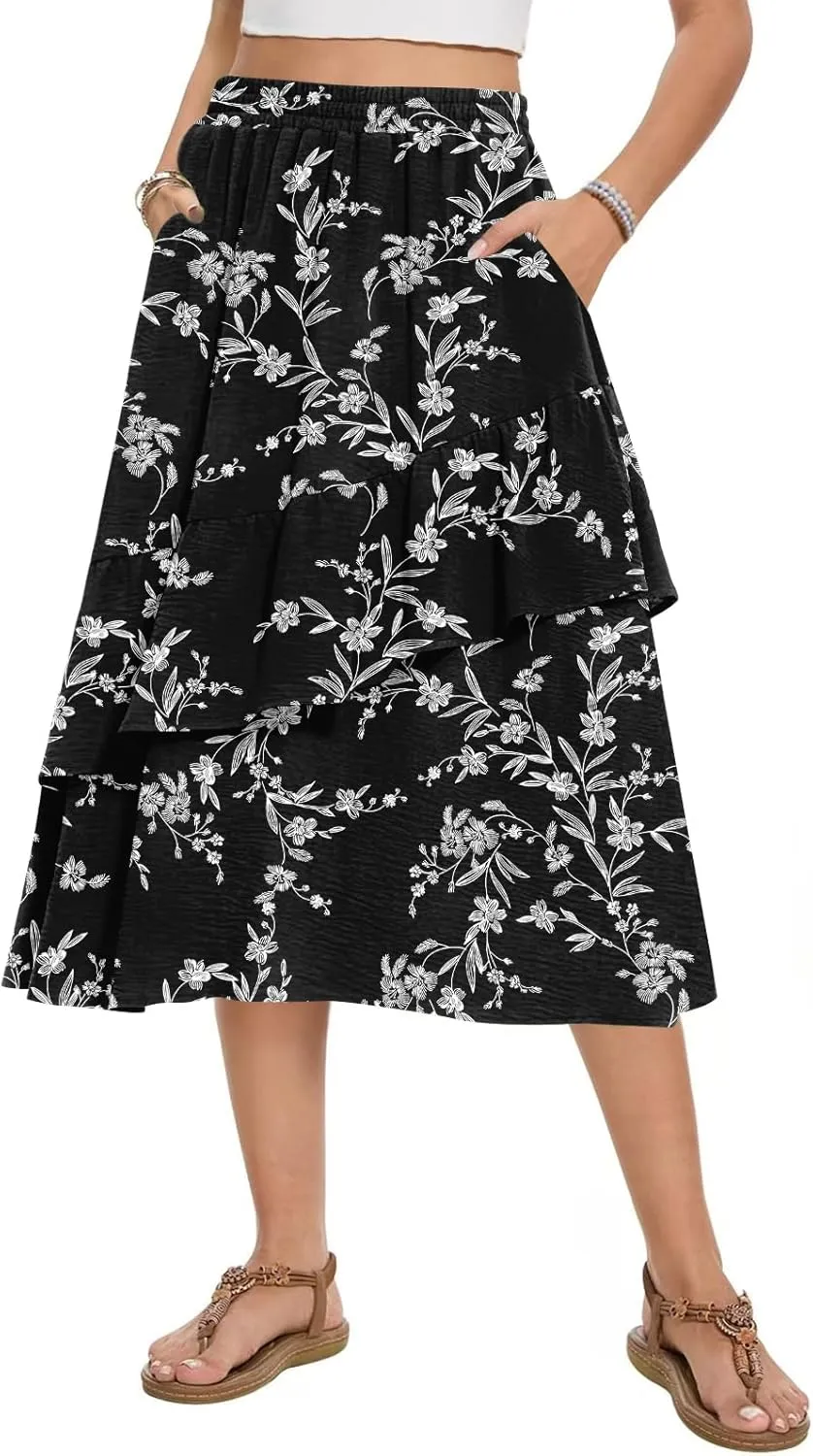 Women's Boho Tiered Midi Skirt Vintage Summer Elastic High Waist Skirt Ruffle A-Line Flowy Skirts with Pockets