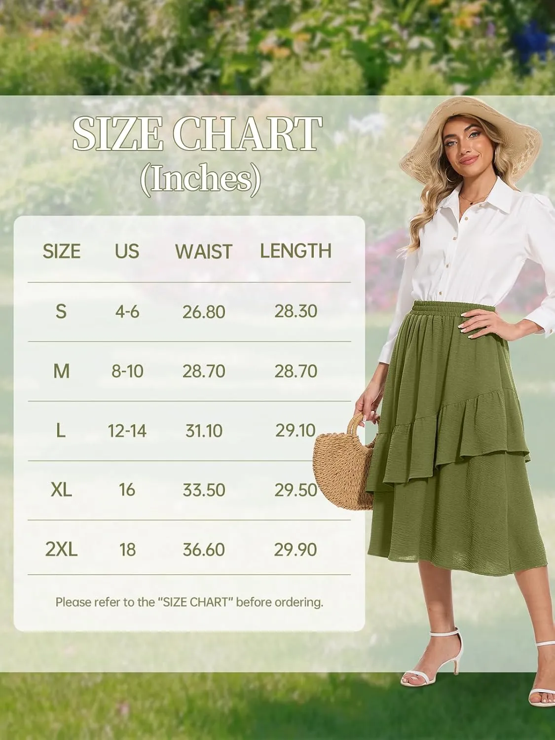 Women's Boho Tiered Midi Skirt Vintage Summer Elastic High Waist Skirt Ruffle A-Line Flowy Skirts with Pockets