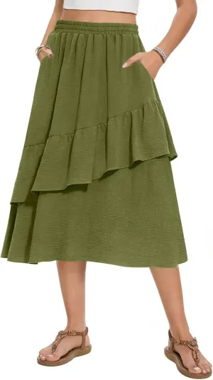 Women's Boho Tiered Midi Skirt Vintage Summer Elastic High Waist Skirt Ruffle A-Line Flowy Skirts with Pockets