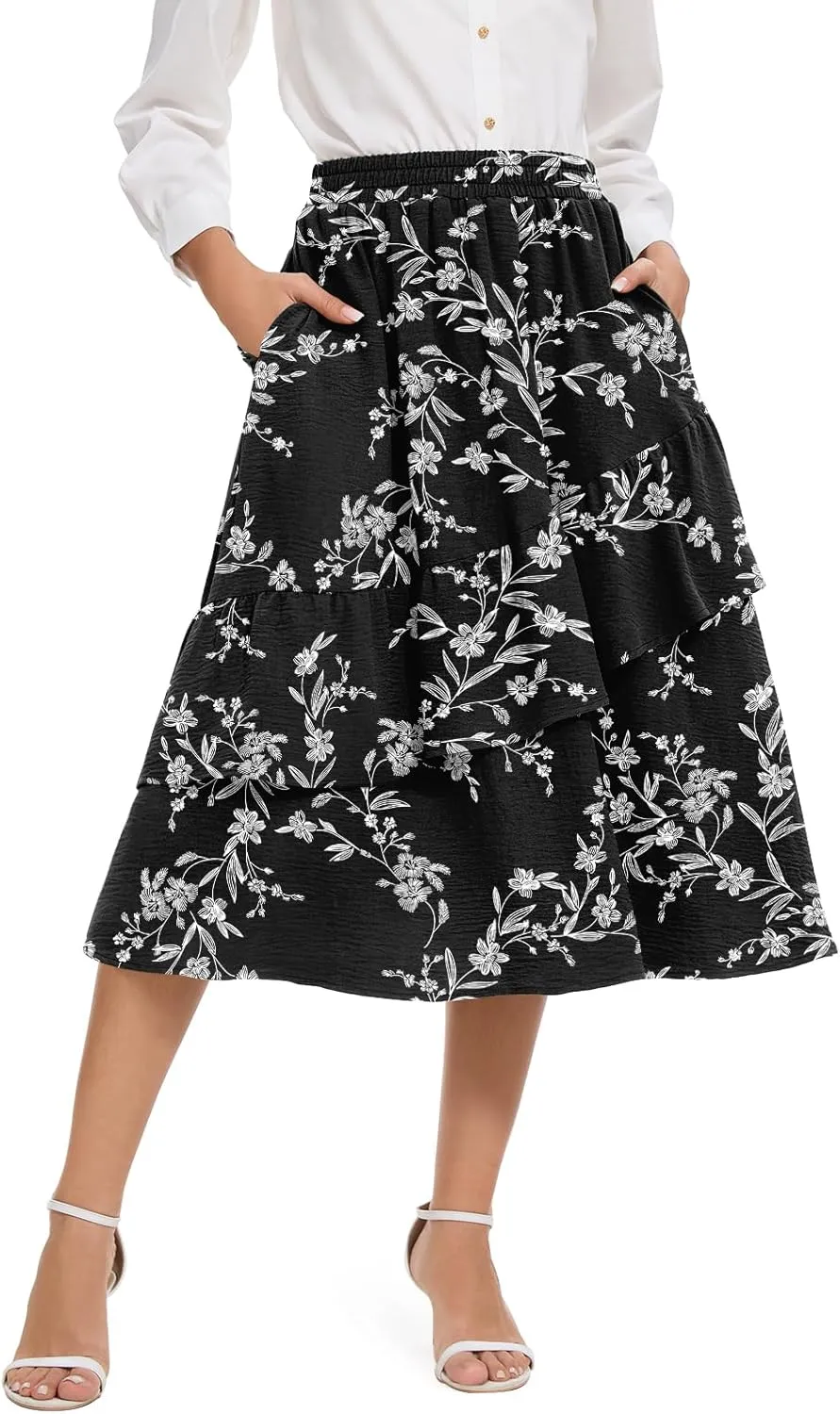 Women's Boho Tiered Midi Skirt Vintage Summer Elastic High Waist Skirt Ruffle A-Line Flowy Skirts with Pockets