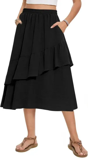 Women's Boho Tiered Midi Skirt Vintage Summer Elastic High Waist Skirt Ruffle A-Line Flowy Skirts with Pockets