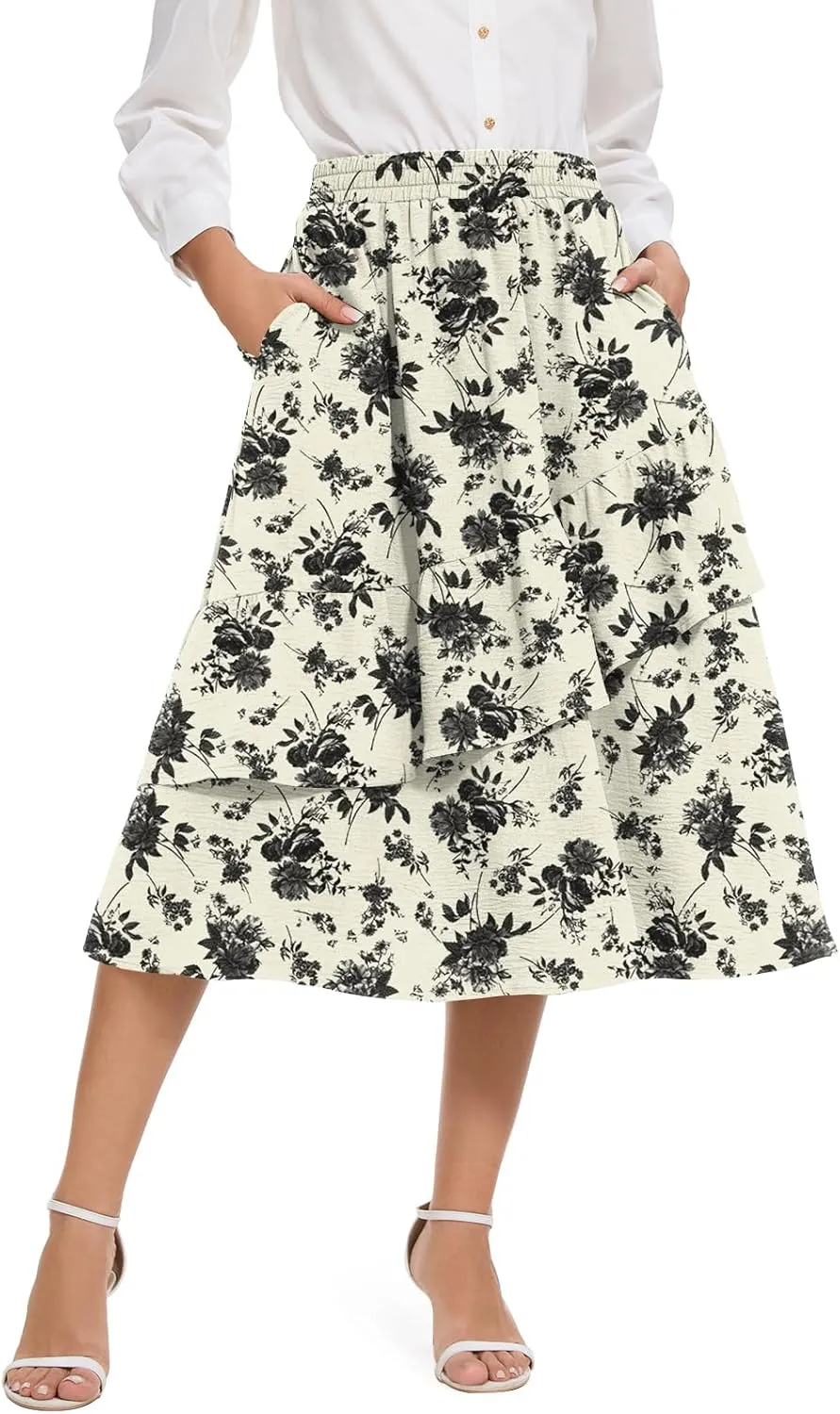 Women's Boho Tiered Midi Skirt Vintage Summer Elastic High Waist Skirt Ruffle A-Line Flowy Skirts with Pockets