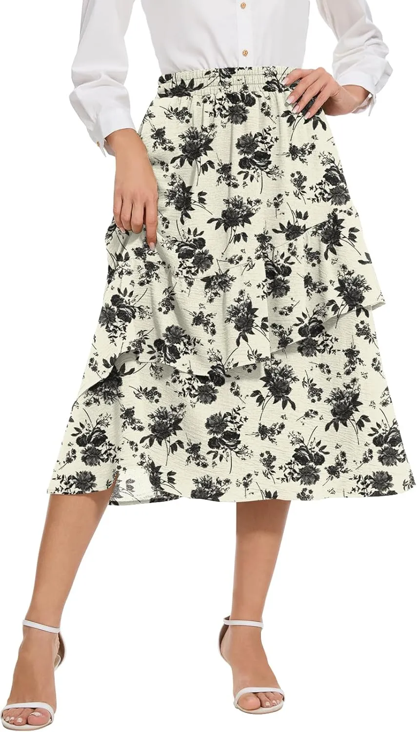 Women's Boho Tiered Midi Skirt Vintage Summer Elastic High Waist Skirt Ruffle A-Line Flowy Skirts with Pockets