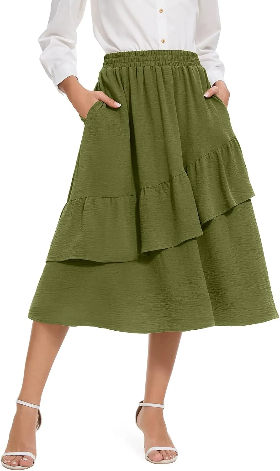 Women's Boho Tiered Midi Skirt Vintage Summer Elastic High Waist Skirt Ruffle A-Line Flowy Skirts with Pockets