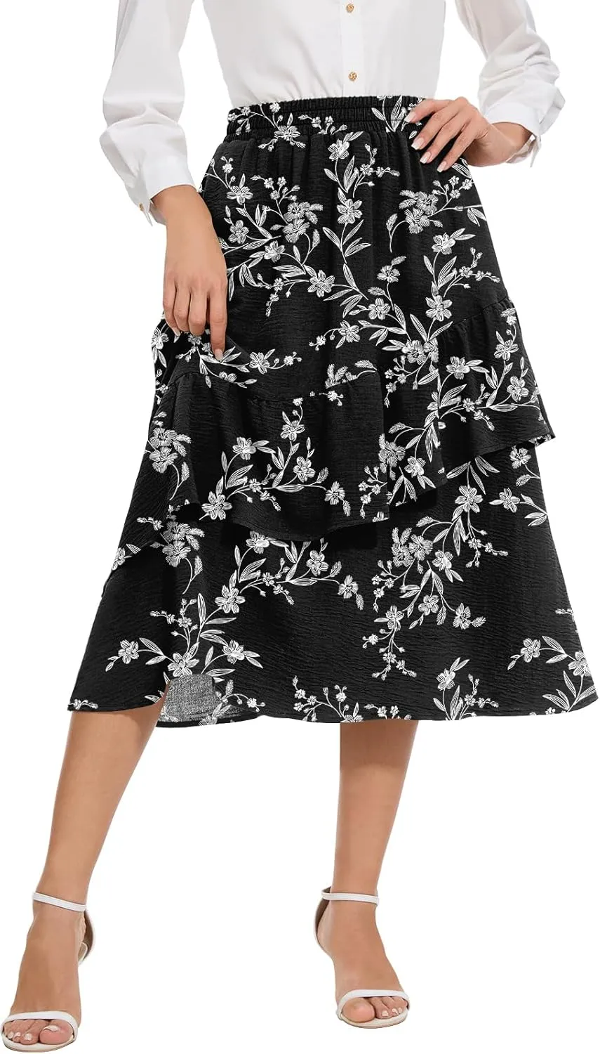 Women's Boho Tiered Midi Skirt Vintage Summer Elastic High Waist Skirt Ruffle A-Line Flowy Skirts with Pockets