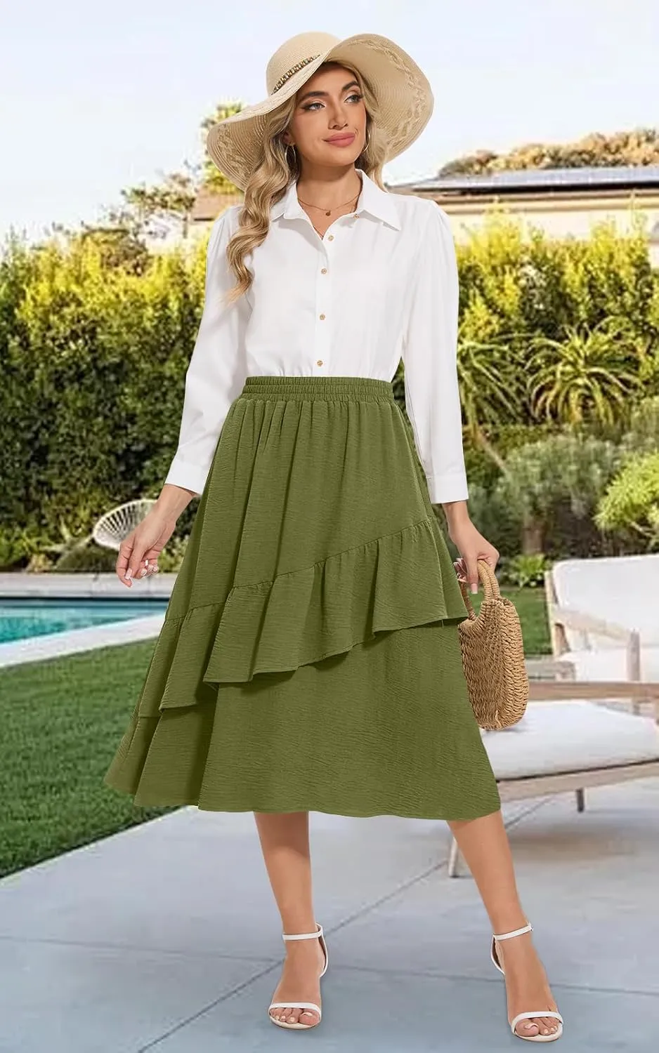 Women's Boho Tiered Midi Skirt Vintage Summer Elastic High Waist Skirt Ruffle A-Line Flowy Skirts with Pockets