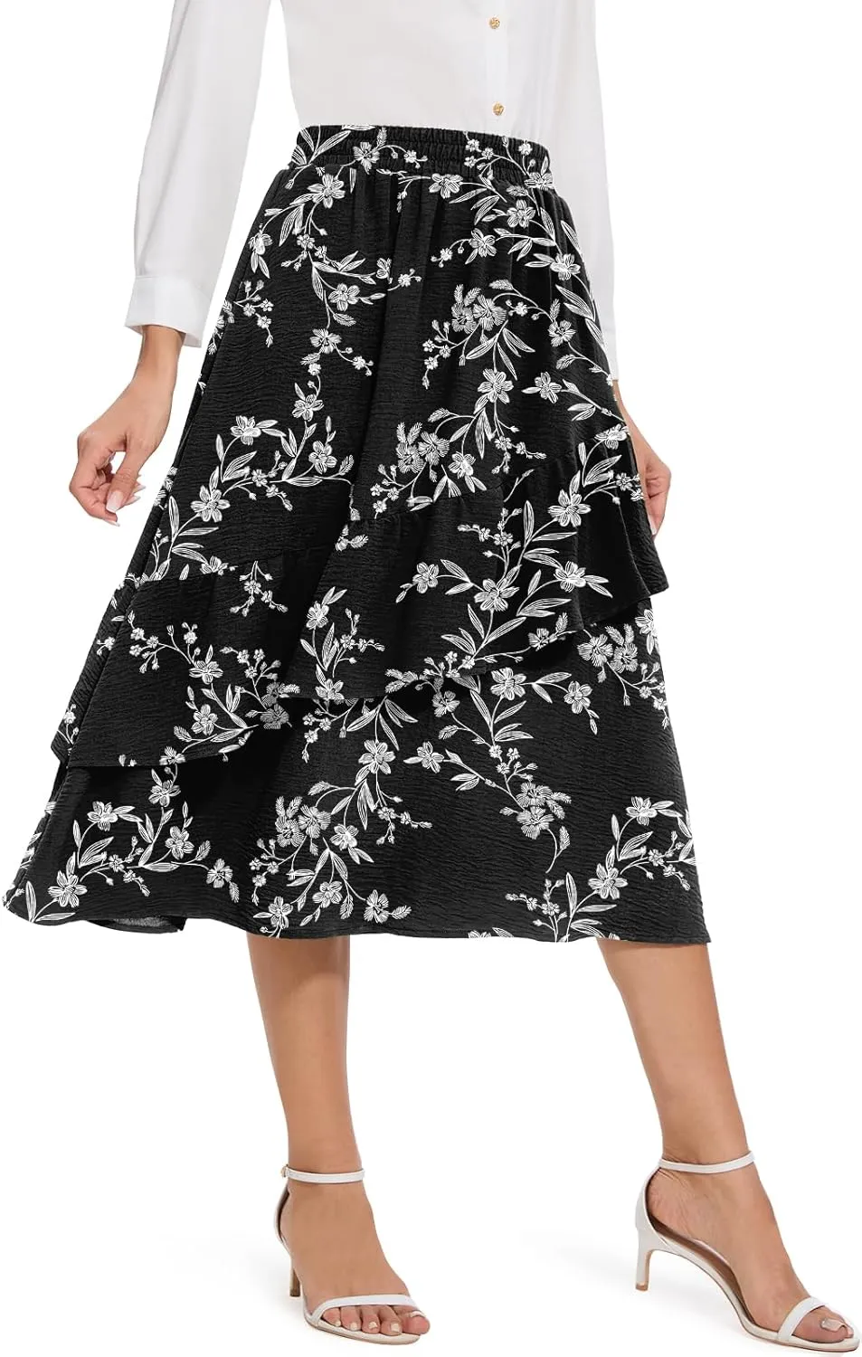 Women's Boho Tiered Midi Skirt Vintage Summer Elastic High Waist Skirt Ruffle A-Line Flowy Skirts with Pockets