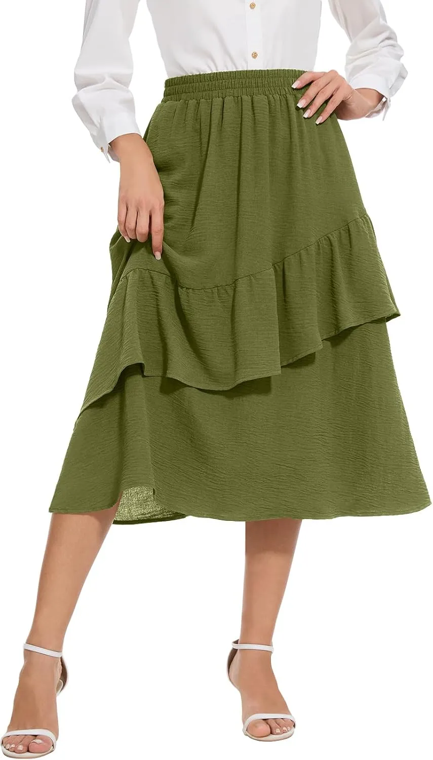 Women's Boho Tiered Midi Skirt Vintage Summer Elastic High Waist Skirt Ruffle A-Line Flowy Skirts with Pockets
