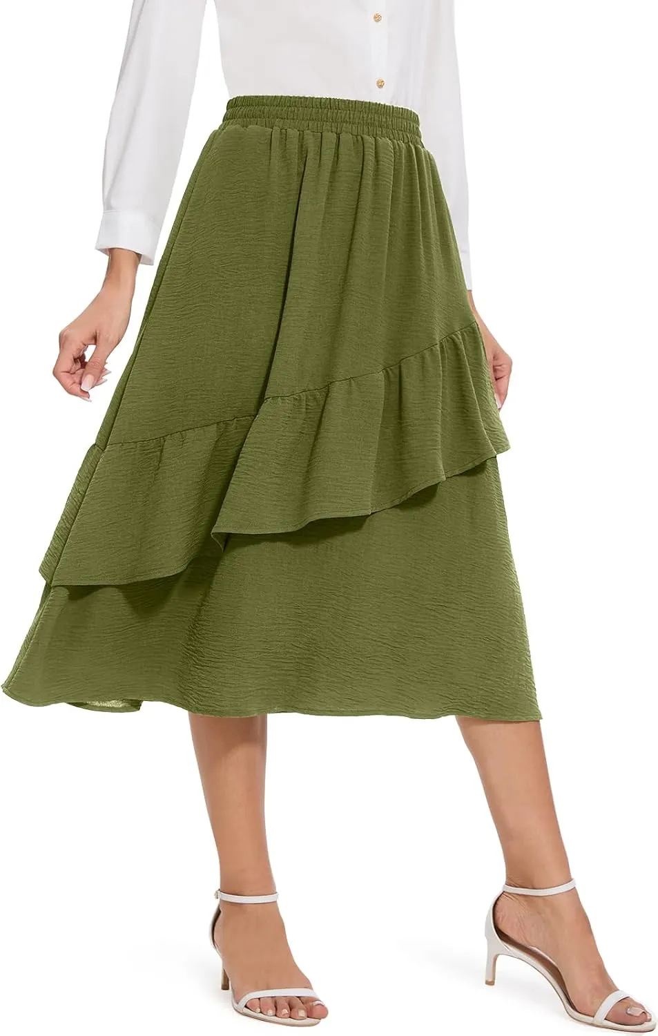 Women's Boho Tiered Midi Skirt Vintage Summer Elastic High Waist Skirt Ruffle A-Line Flowy Skirts with Pockets