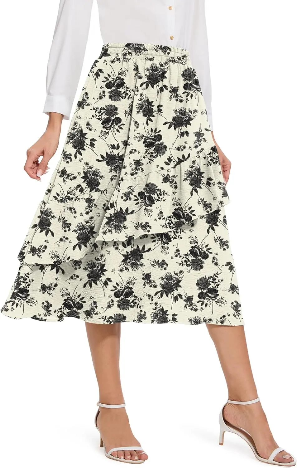 Women's Boho Tiered Midi Skirt Vintage Summer Elastic High Waist Skirt Ruffle A-Line Flowy Skirts with Pockets