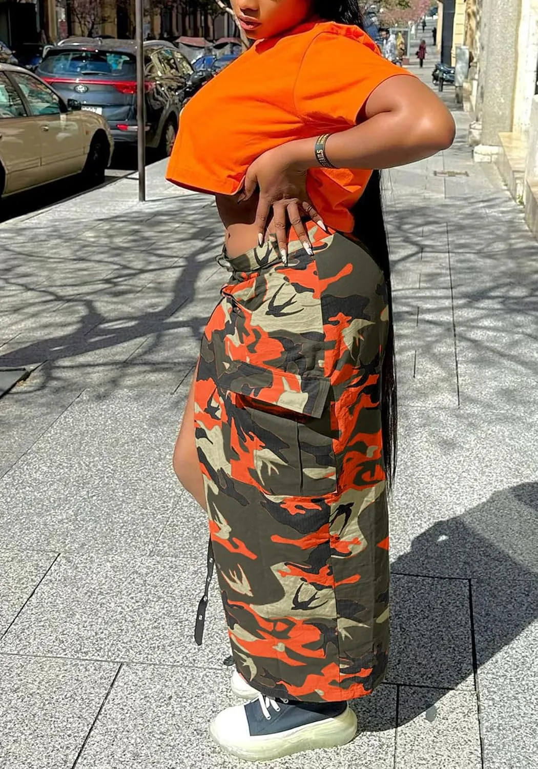 Women's Camo Cargo Maxi Skirt Sexy High Split Lace Up Army Fatigue Skirts Denim Skirt with Pockets