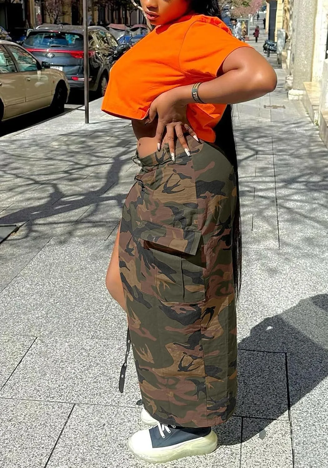 Women's Camo Cargo Maxi Skirt Sexy High Split Lace Up Army Fatigue Skirts Denim Skirt with Pockets