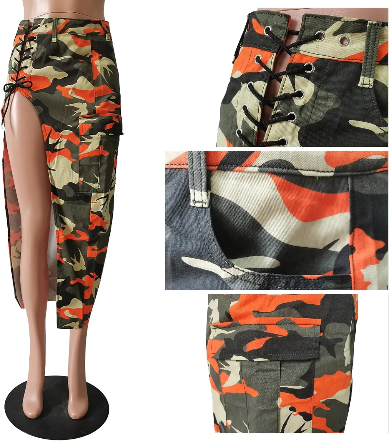 Women's Camo Cargo Maxi Skirt Sexy High Split Lace Up Army Fatigue Skirts Denim Skirt with Pockets