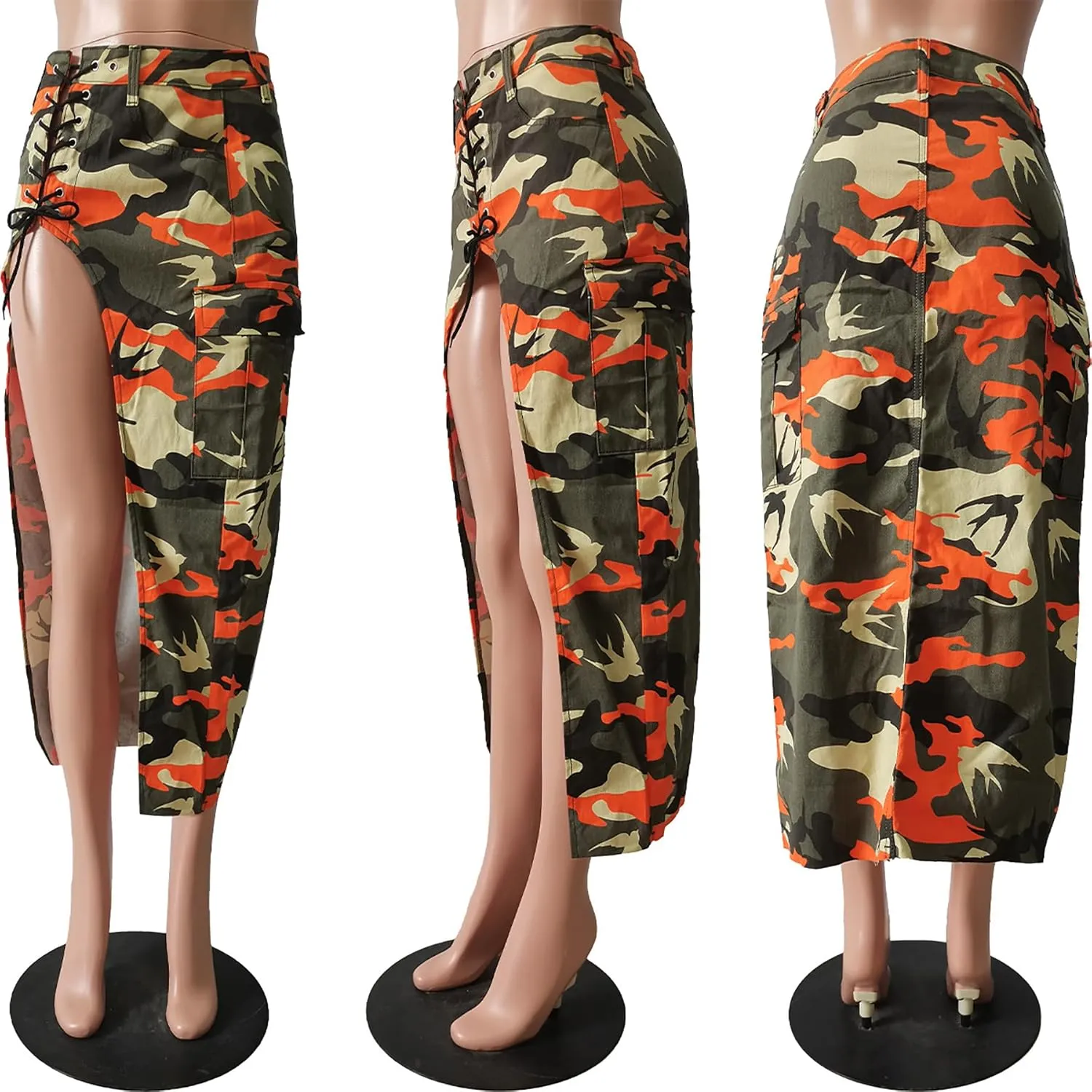 Women's Camo Cargo Maxi Skirt Sexy High Split Lace Up Army Fatigue Skirts Denim Skirt with Pockets