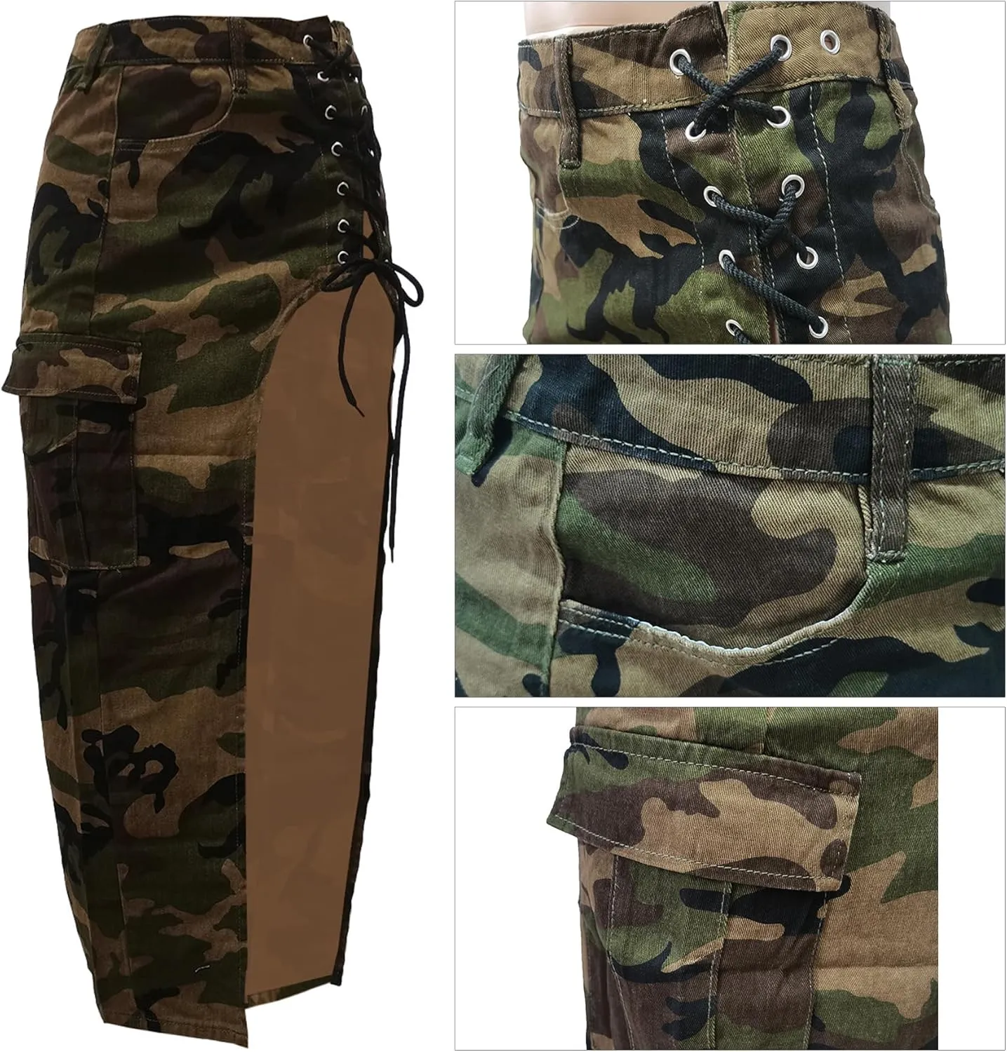 Women's Camo Cargo Maxi Skirt Sexy High Split Lace Up Army Fatigue Skirts Denim Skirt with Pockets