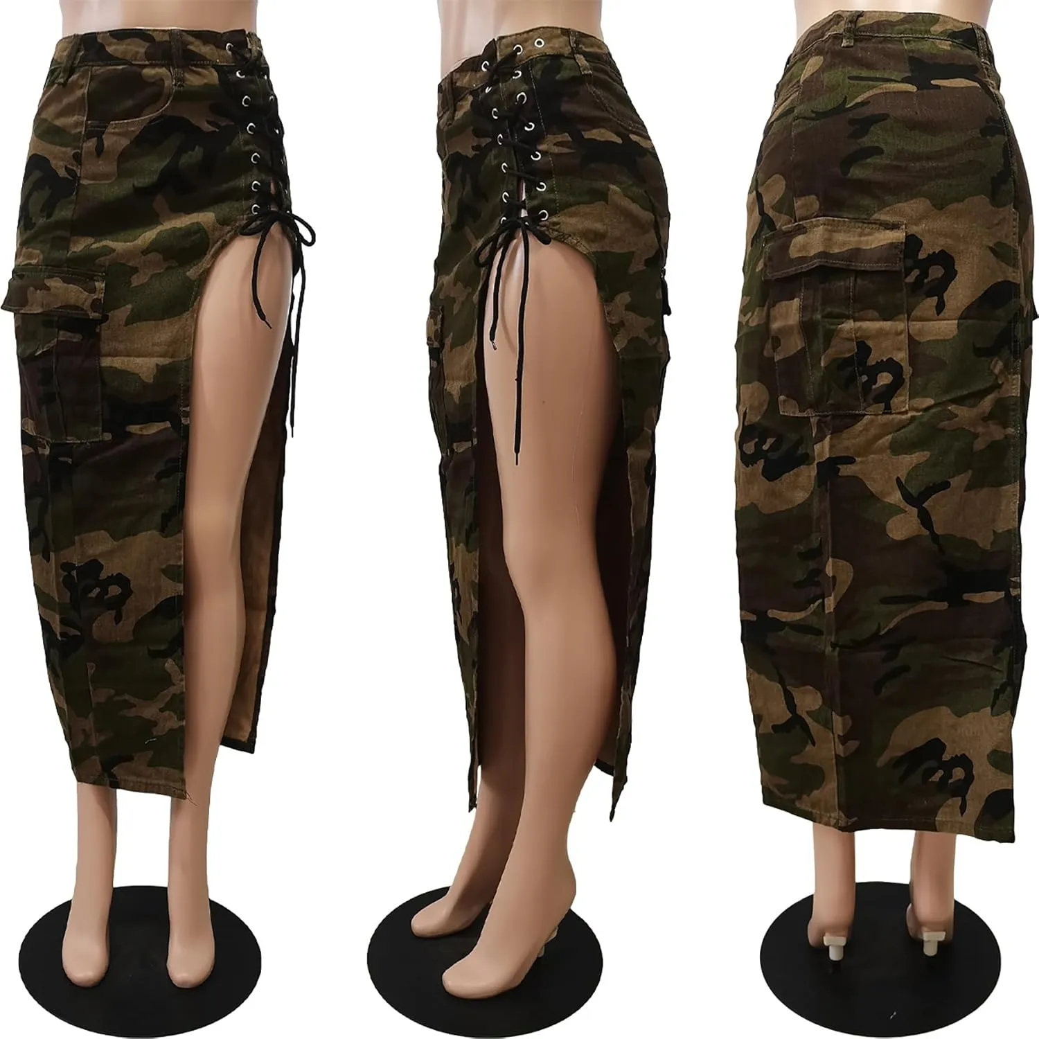 Women's Camo Cargo Maxi Skirt Sexy High Split Lace Up Army Fatigue Skirts Denim Skirt with Pockets