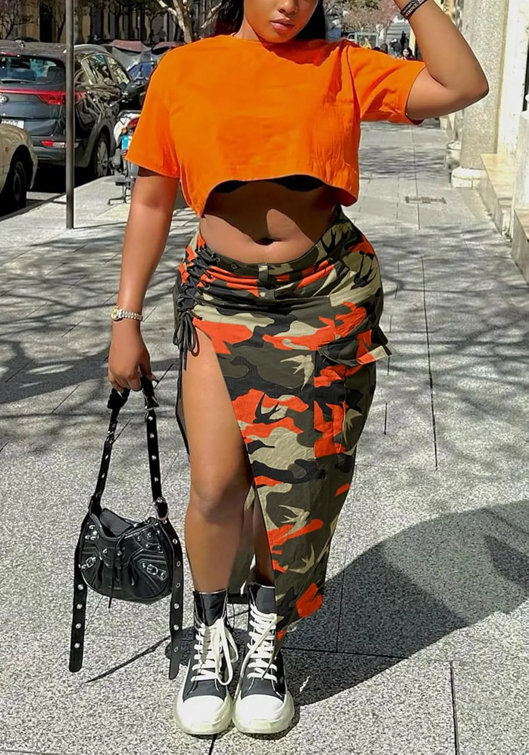 Women's Camo Cargo Maxi Skirt Sexy High Split Lace Up Army Fatigue Skirts Denim Skirt with Pockets