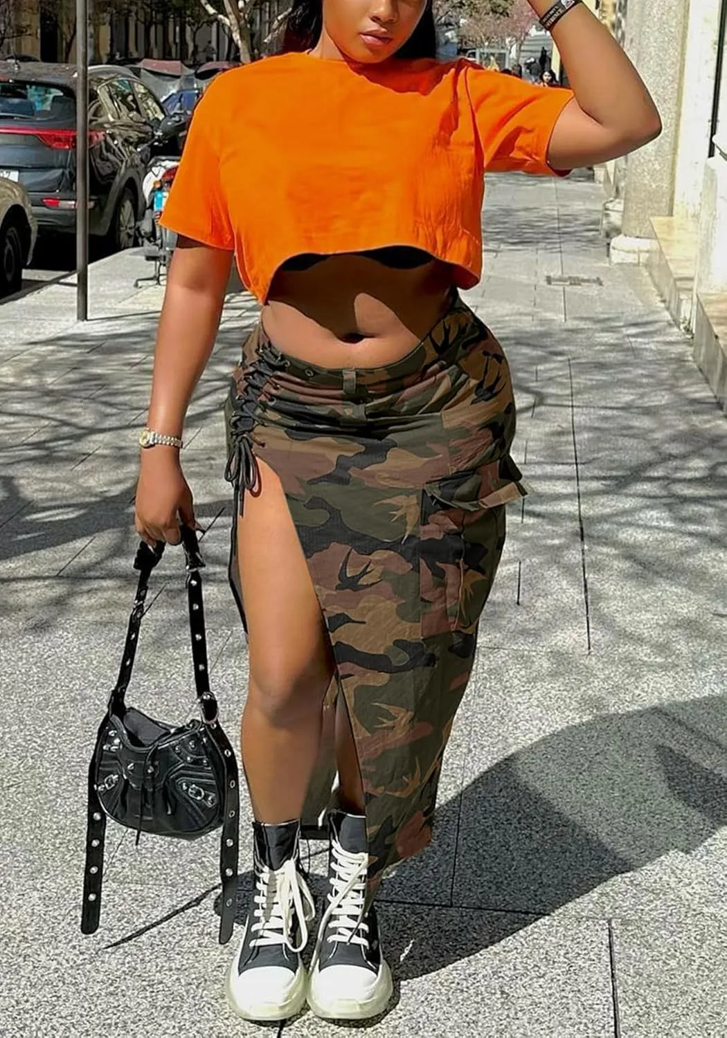 Women's Camo Cargo Maxi Skirt Sexy High Split Lace Up Army Fatigue Skirts Denim Skirt with Pockets