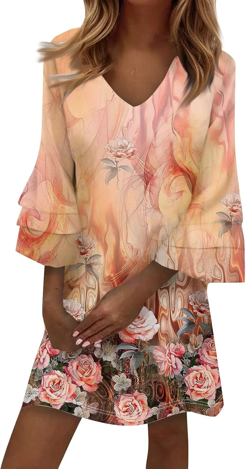 Womens Casual Boho Dresses Trendy Flower Print Summer Dress Loose Fit V Neck 3/4 Bell Sleeve Flowy Dress