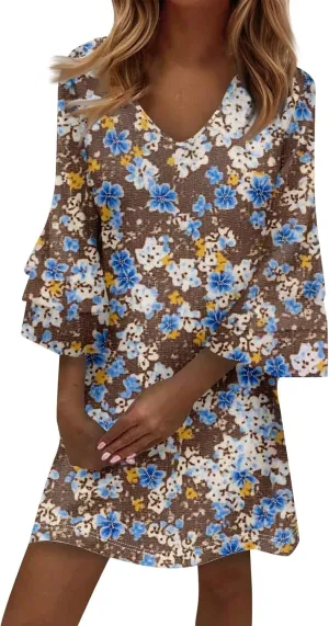 Womens Casual Boho Dresses Trendy Flower Print Summer Dress Loose Fit V Neck 3/4 Bell Sleeve Flowy Dress