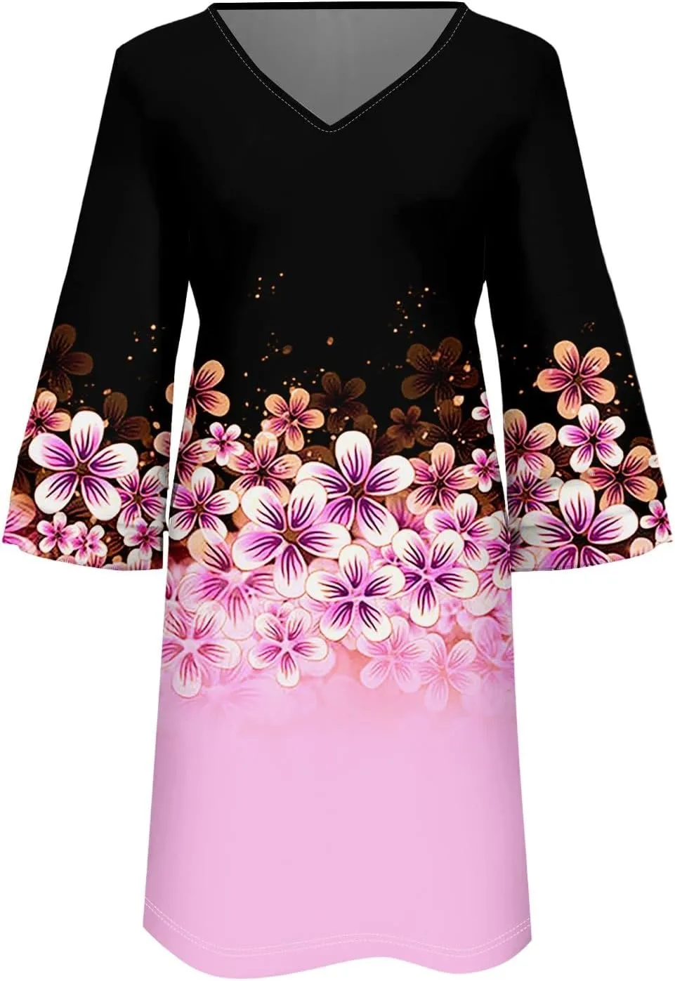 Womens Casual Boho Dresses Trendy Flower Print Summer Dress Loose Fit V Neck 3/4 Bell Sleeve Flowy Dress