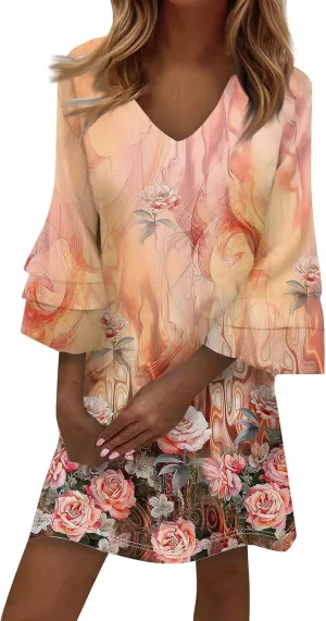 Womens Casual Boho Dresses Trendy Flower Print Summer Dress Loose Fit V Neck 3/4 Bell Sleeve Flowy Dress