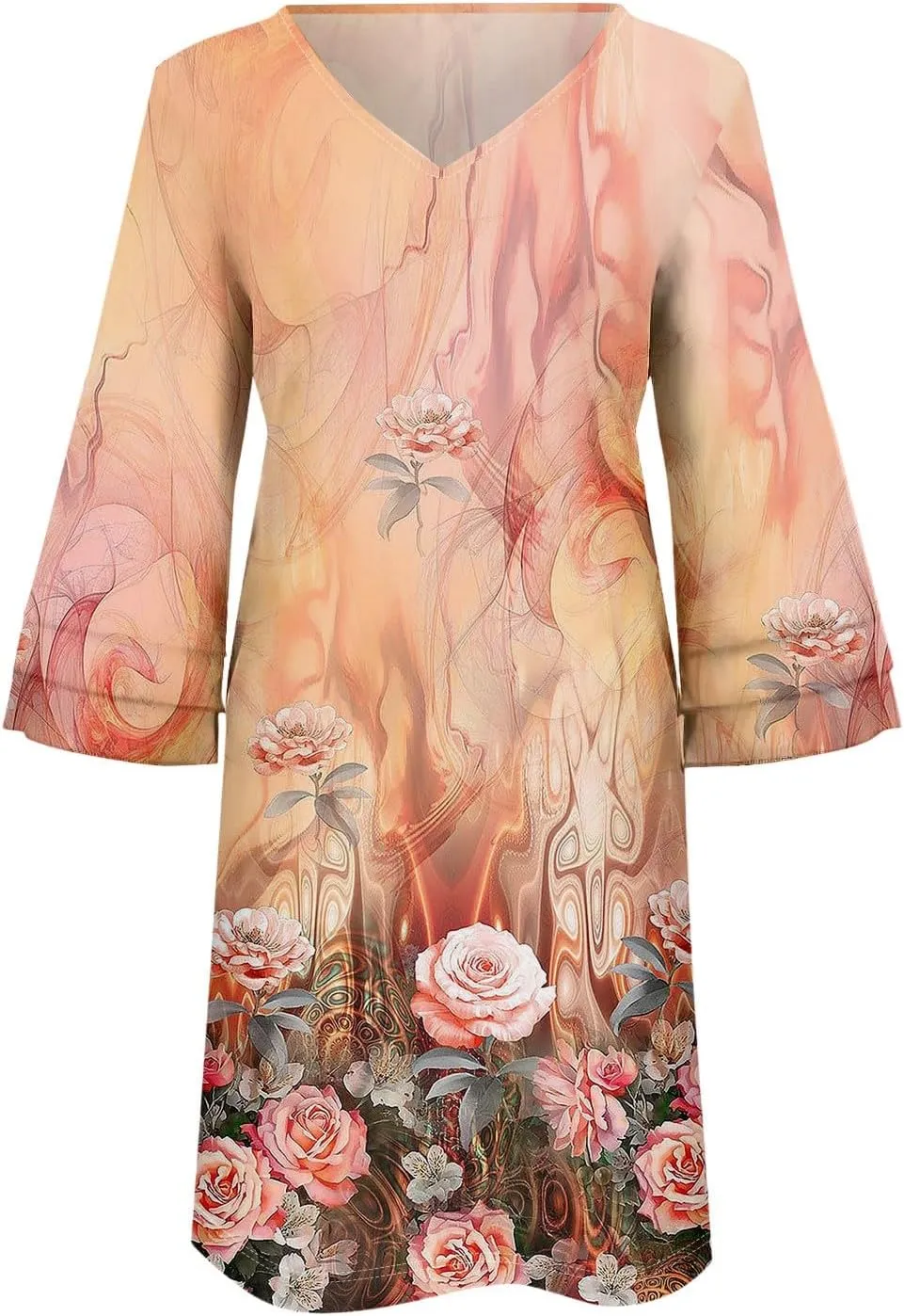 Womens Casual Boho Dresses Trendy Flower Print Summer Dress Loose Fit V Neck 3/4 Bell Sleeve Flowy Dress