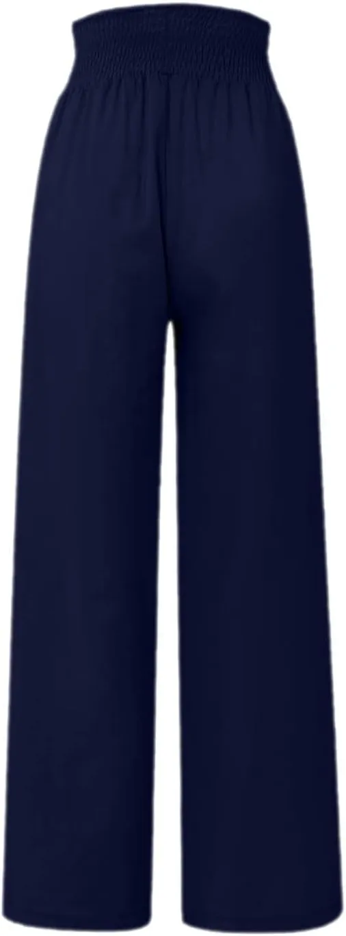 Women's Casual Cotton Linen Button Down Pants Ruffled High Waist Wide Leg Trousers Business Casual Pants with Pockets
