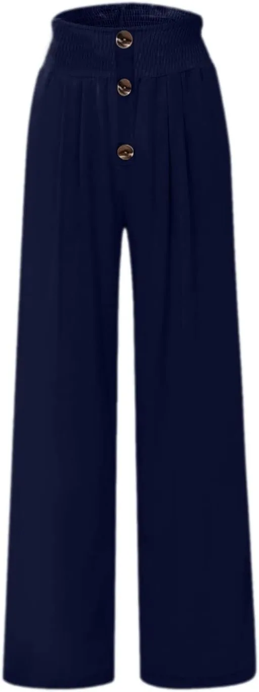 Women's Casual Cotton Linen Button Down Pants Ruffled High Waist Wide Leg Trousers Business Casual Pants with Pockets