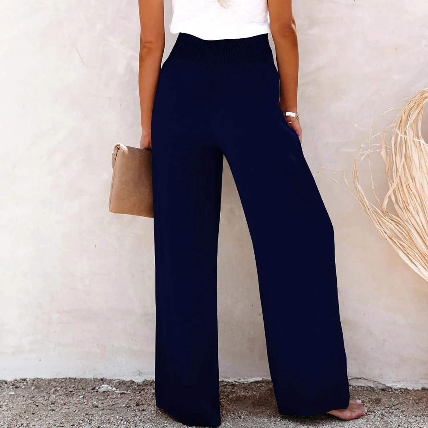 Women's Casual Cotton Linen Button Down Pants Ruffled High Waist Wide Leg Trousers Business Casual Pants with Pockets