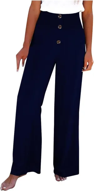 Women's Casual Cotton Linen Button Down Pants Ruffled High Waist Wide Leg Trousers Business Casual Pants with Pockets