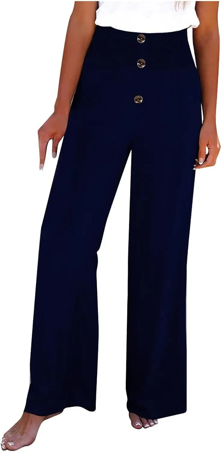 Women's Casual Cotton Linen Button Down Pants Ruffled High Waist Wide Leg Trousers Business Casual Pants with Pockets