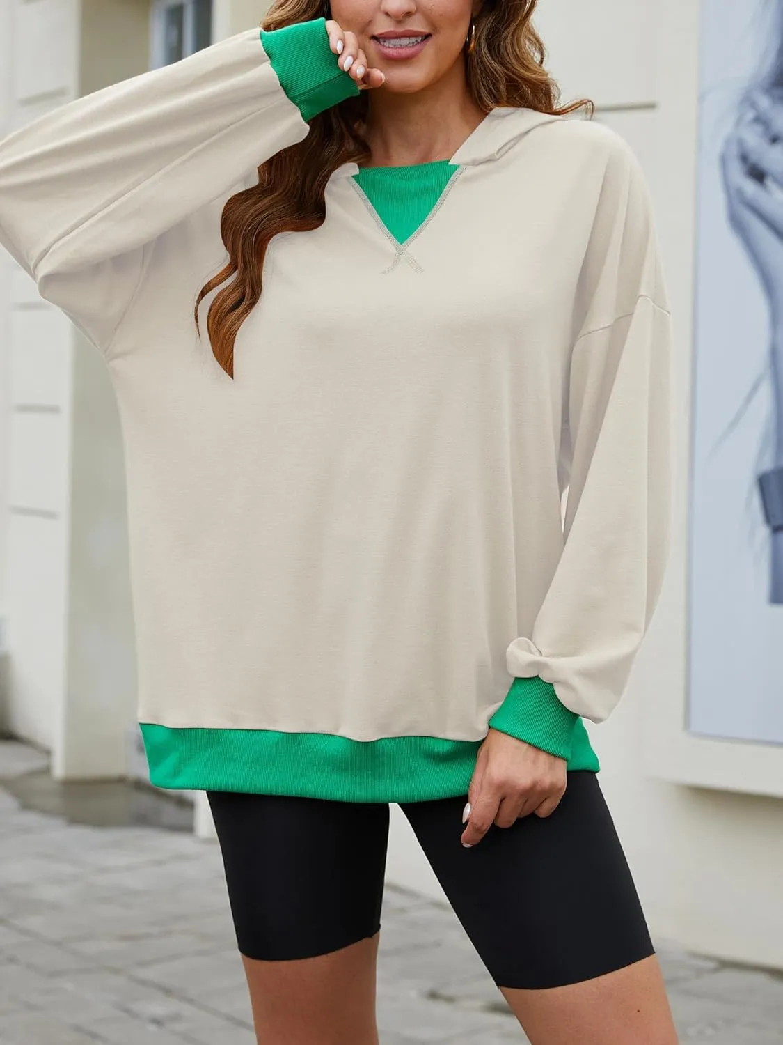 Womens Casual Crewneck Color Block Oversized Sweatshirt Hoodies Long Sleeve Pullover Tunic Tops Outfits Hooded