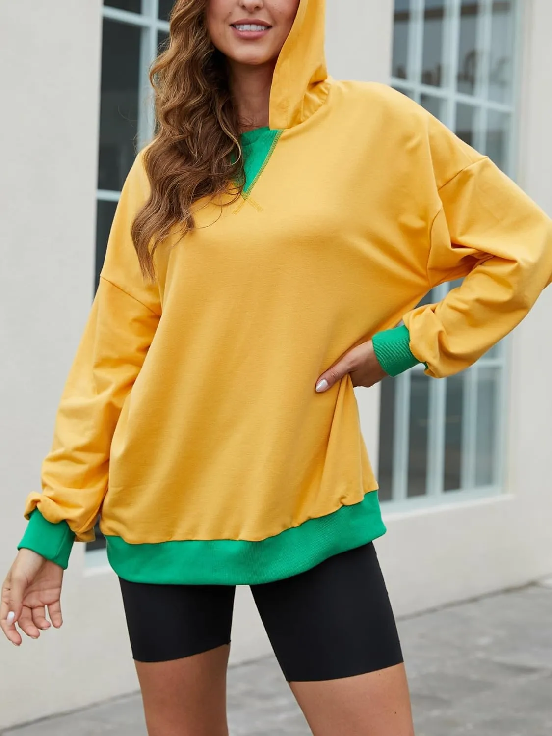 Womens Casual Crewneck Color Block Oversized Sweatshirt Hoodies Long Sleeve Pullover Tunic Tops Outfits Hooded