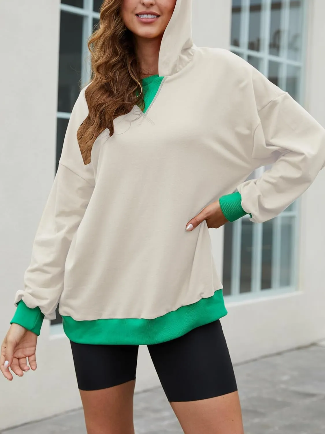 Womens Casual Crewneck Color Block Oversized Sweatshirt Hoodies Long Sleeve Pullover Tunic Tops Outfits Hooded