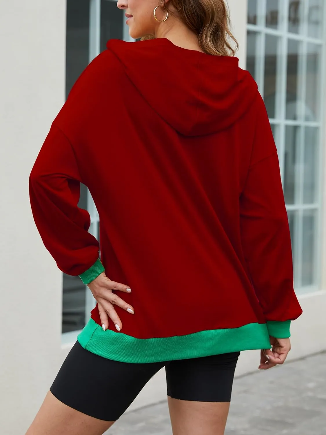 Womens Casual Crewneck Color Block Oversized Sweatshirt Hoodies Long Sleeve Pullover Tunic Tops Outfits Hooded