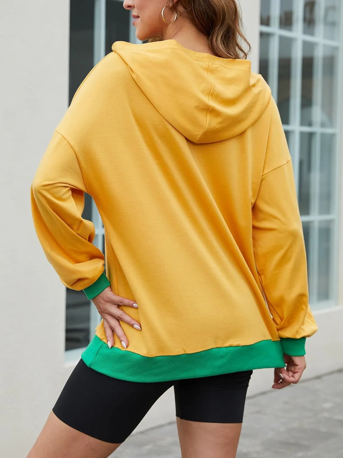Womens Casual Crewneck Color Block Oversized Sweatshirt Hoodies Long Sleeve Pullover Tunic Tops Outfits Hooded