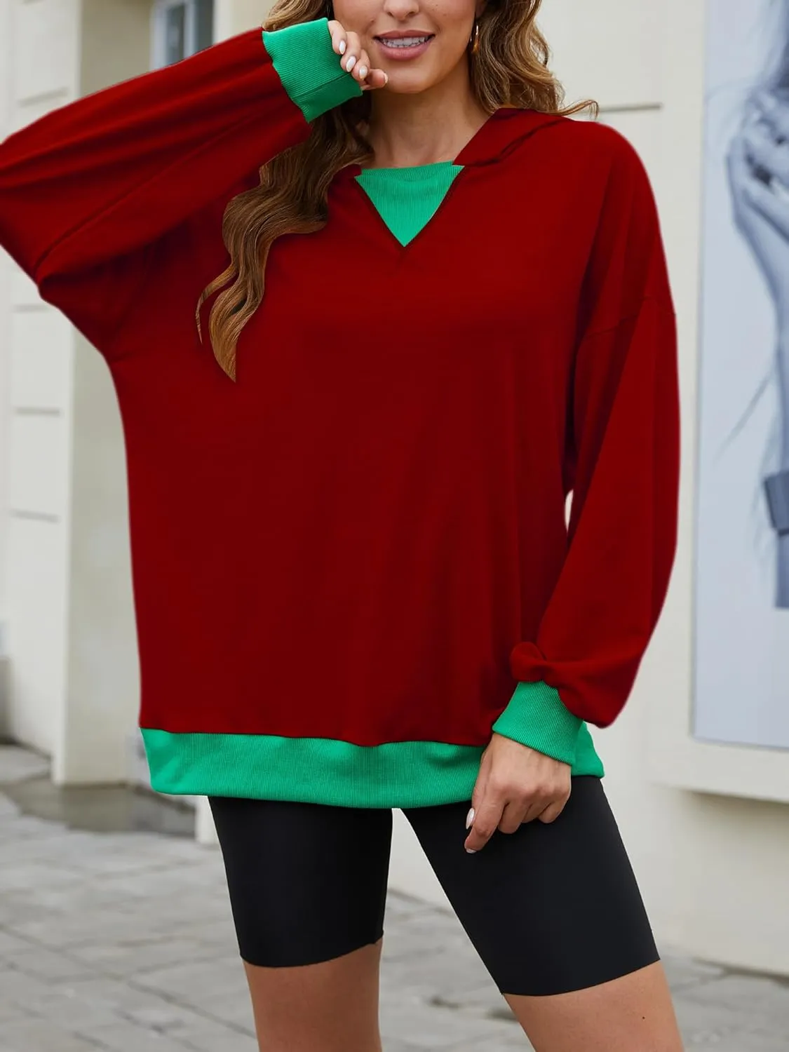 Womens Casual Crewneck Color Block Oversized Sweatshirt Hoodies Long Sleeve Pullover Tunic Tops Outfits Hooded
