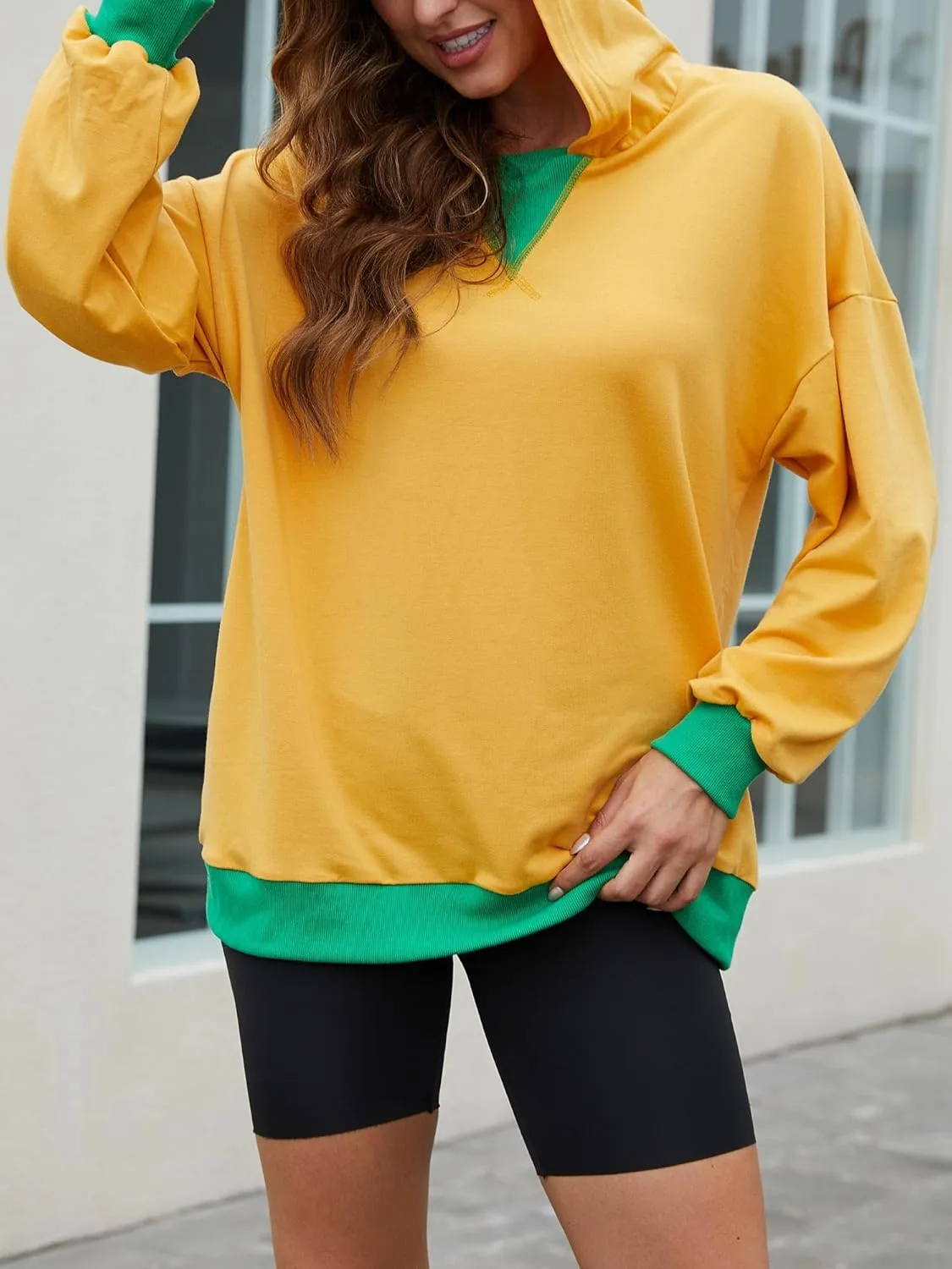 Womens Casual Crewneck Color Block Oversized Sweatshirt Hoodies Long Sleeve Pullover Tunic Tops Outfits Hooded