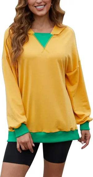 Womens Casual Crewneck Color Block Oversized Sweatshirt Hoodies Long Sleeve Pullover Tunic Tops Outfits Hooded