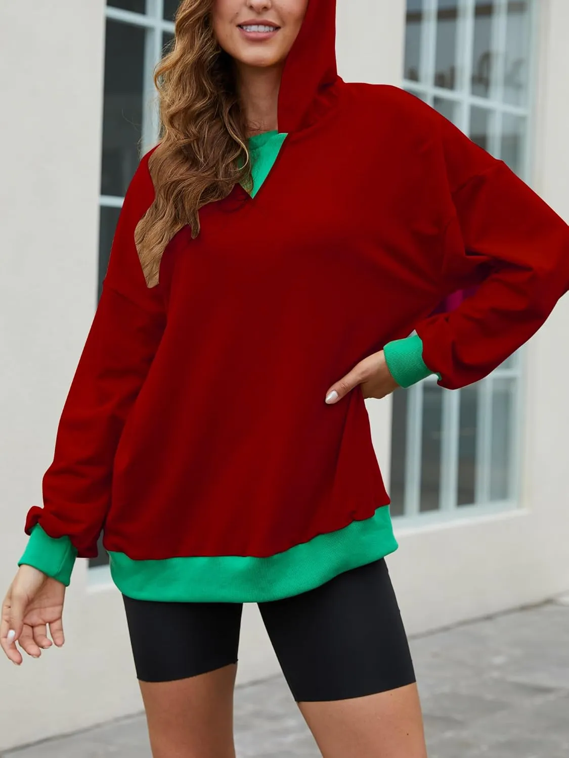 Womens Casual Crewneck Color Block Oversized Sweatshirt Hoodies Long Sleeve Pullover Tunic Tops Outfits Hooded
