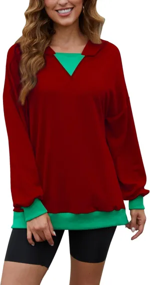 Womens Casual Crewneck Color Block Oversized Sweatshirt Hoodies Long Sleeve Pullover Tunic Tops Outfits Hooded