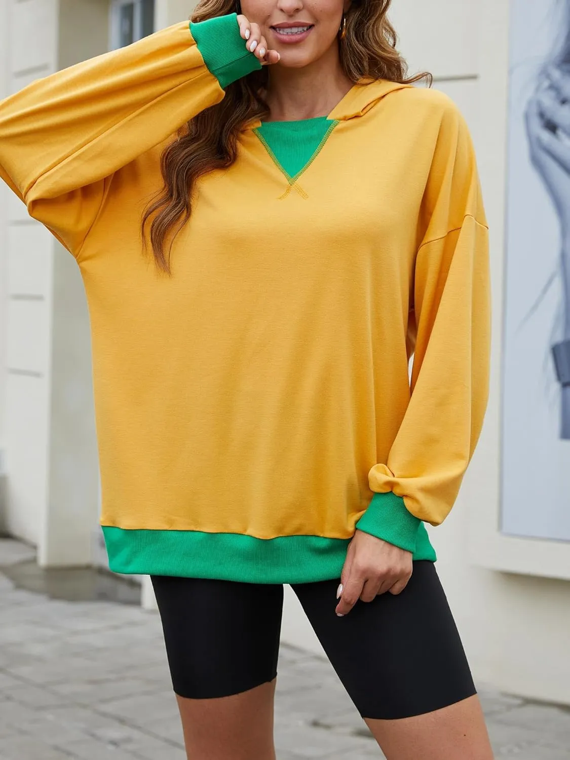 Womens Casual Crewneck Color Block Oversized Sweatshirt Hoodies Long Sleeve Pullover Tunic Tops Outfits Hooded