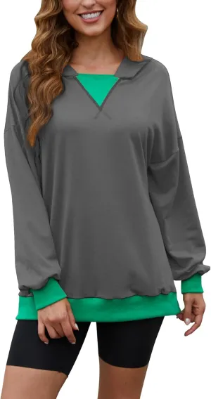 Womens Casual Crewneck Color Block Oversized Sweatshirt Hoodies Long Sleeve Pullover Tunic Tops Outfits Hooded