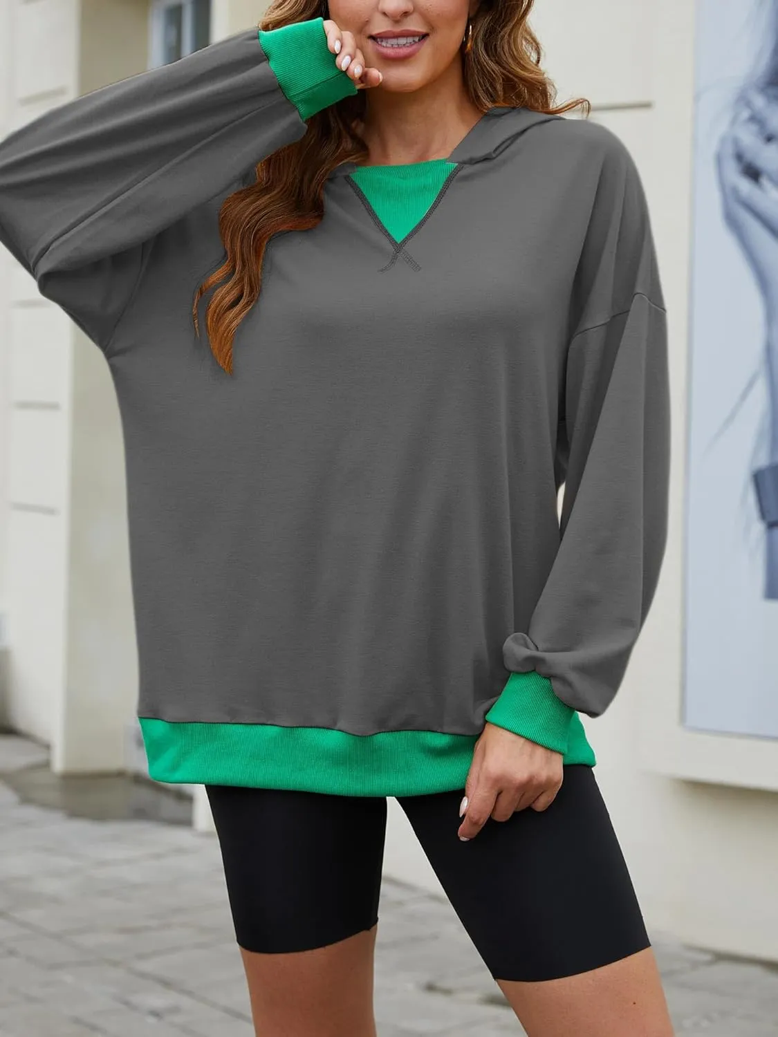 Womens Casual Crewneck Color Block Oversized Sweatshirt Hoodies Long Sleeve Pullover Tunic Tops Outfits Hooded